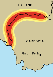 Map of Cambodia with area in red along border of Thailand showing where there is the most concern for resistant malaria. 