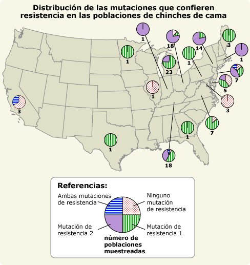 Map of the United States showing the distribution of resistance mutations in bed bug populations.