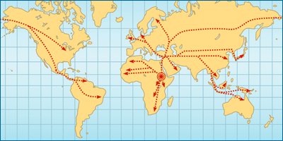 Maps showing migration routes out of Africa.
