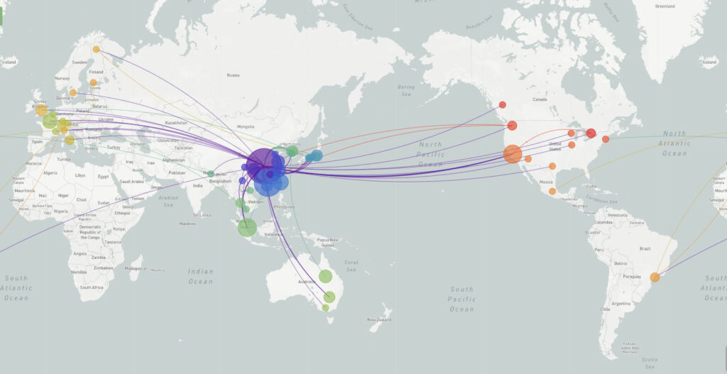 A world map showing the genomic epidemiology of the coronavirus