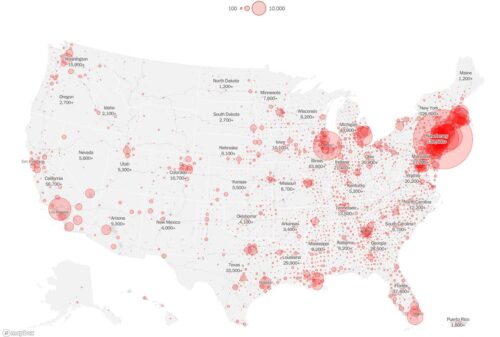 Map of the United States that show locations of coronavirus cases.