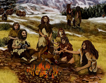 Illustration of some Neanderthals surrounding a fire.