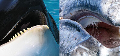 L: photo of toothed whale, R: photo of baleen whale.