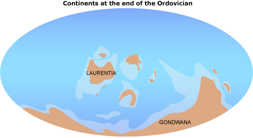 Continents at the end of the Ordovician.