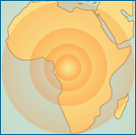 A map of Africa. A circle is focused on a spot in the center of it image (located on left coast, center). Concentric circles radiate outward. 