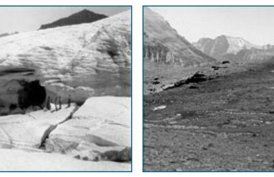 On the left is a photo of Boulder Glacier in Glacier National Park, Montana, taken in July of 1932. On the right is a photo taken at the same spot in July of 1988. The glacier is gone.