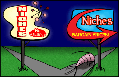 A silverfish cartoon showing a silverfish choosing between two different path. The left path says "Niche, no vacancy" and the right path says "Niche, bargain prices." The silverfish chooses the right path. 