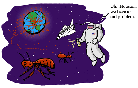 Astronaut in space with earth in the background and a line of large ants surrounding the earth several times over. 