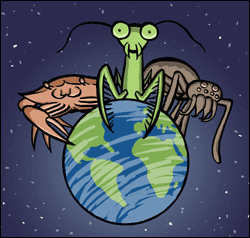 Illustration of a crab, a mantis, and a spider sitting over the earth. 