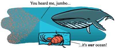 A large group of copepods facing a whale and saying, "You heard me, Jumbo... it's our ocean."