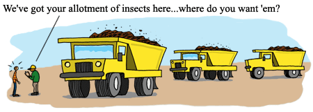 Illustration of trucks with large loads of insects. 