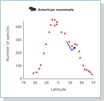 This graph plots along the Y axis the number of American mammals, and along the Y axis, the latitude. The points form a peak that reaches the top past 400 species and 0 latitude.
