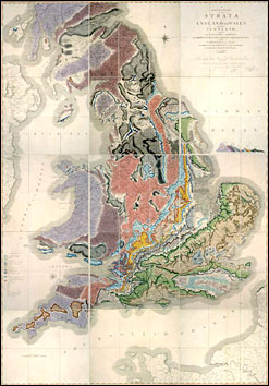 Smith's geological map of England. Different colors represent rocks of different geologic periods of time.