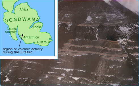 Once molten rock (the wide, dark band) has intruded upon coals at Mount Achernar in Antarctica.