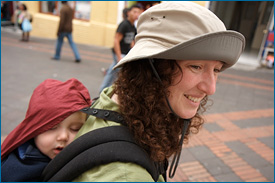 Kim and her son in Ecuador, ready for a trip to the field