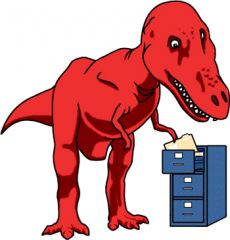 T. rex looking through filing cabinet