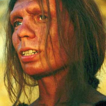 a neanderthal woman with heavy brow, broad nose, and long hair