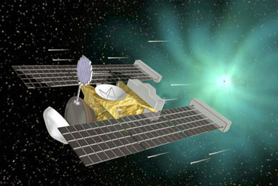 Spacecraft in space with large solar panels 
