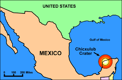 A map that shows the location of the Chicxulub Crater