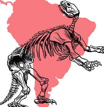 skeleton of a giant sloth superimposed on the continent of South America